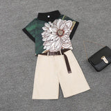 summer 2 pieces suits girl print chiffon blouse shirt women tops + shorts set Women two piece set tracksuit With