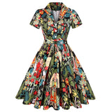 Print Black Pinup Women Cotton Midi Flare Dresses Short Sleeve Knee-Length Floral Print Sundress 50s Swing Party Retro