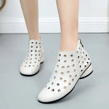 2021 Summer Ankle Boots Genuine Leather Shoes Women Med High Heel Back Zipper Boots Cutout breathable Mujer