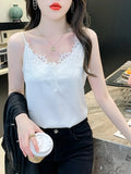 Korean Fashion Silk Women Camis Streetwear Satin Sexy Tops Lace Sleeveless White Female Tank Tops Blouse OL Woman