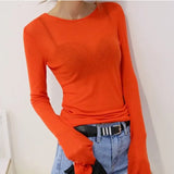 See Through High Quality Plain T Shirt Women Cotton Elastic Basic Long Sleeve Sheer Slim Ladies T-Shirt Korean Style