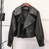 Women Black Short Loose Pu Leather Jacket Motorcycle Soft Faux Leather Jacket Street Outwear Autumn Ladies Biker