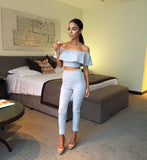 2020 Sexy Off Shoulder Slash Neck Women's Two Piece Suit Bodycon Ruffles Crop Tops High Waist Ladies Pants 2 Piece