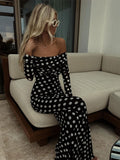 Polka Dot Printed Maxi Dress For Women Sexy Off Shoulder Strapless Long Sleeve Robes Summer Chic Lady Party Prom