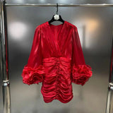 2025 Spring New Temperament Style Fashion Big V Collar Three-Dimensional Flowers Folded Ass Hips Short Dress