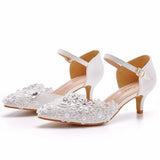 Cm Hollow Sharp Head Sandals In Low-Heeled Mary Jane Sandals White Lace Beaded Wedding Shoes Bridal Wedding