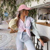 Patchwork Striped Color-Block Women Shirt 2021 New Spring Summer Elegant Pocket Single Breasted Lapel All-Match