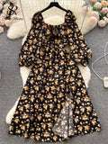 Summer Chiffon Split Midi Dress Women Square Collar Puff Sleeve Elastic Waist Gentle Korean Flora Print Sexy