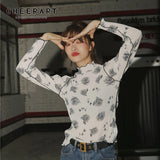 Vintage T Shirt Long Sleeve Top Floral Print White Tee Shirt Turtle Neck Underwear Women Korean Style Fall