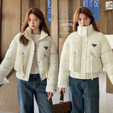 Short Cotton-Padded Clothes Female 2024 Winter New Korean Version Of Vertical Collar Leisure Down Cotton-Padded Clothes Splicing Loose Add Thick Coat Tide-Outfit