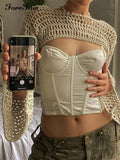 2022 Vintage Knitted Hollow Out Crop Top Women Long Sleeve Crochet Smock T Shirt Causal Y2K Sexy Beach