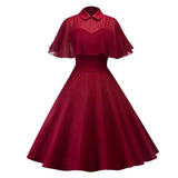 Cape Vintage Gothic Flare Dress Women 50s 60s 2pcs Turn Down Collar Elegant Party Wear Summer A Line Midi Swing