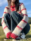 Zingj New Fall 2023 Dopamine Korean Version Loose Soft Waxy Medium And Short Stripe Contrast Color Long Sleeve Knit Sweater Cardigan-Outfit