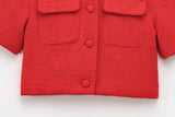 Red Solid Collar Short Sleeve Buttoned Top And Mini Skirt Set-Outfit