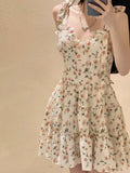 Floral Print Dresses Women Casual Chic Sexy V-neck Backless Pleated Dress Slit Lace-up Sleeveless Y2k Mini Vestidos