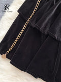 Ruffles Senior Slim Party Dress Strapless Off Shoulder Sleeveless Golden Chain Women Vintage Velvet Short Sexy