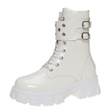 Bottom Buckle Patent Leather Short Barrel Knight Boots Girl Large Handsome Willow Thorn Tying With Thin Leather Boots