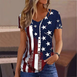 Retro American Flag Rag 3D Printing Ms. High Street Fashion Loose Net Eye Breathable V-Neck Short-Sleeved