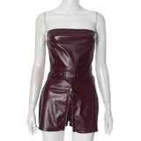 PU Leather Tube Crop Top And Zipper Skort Two Piece Set- Outfit