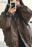 Spring Autumn Oversized Retro Black Brown Leather Jacket Women Zipper Long Sleeve Loose Casual Cool Korean Clothes