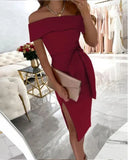 Off-neck Solid Mid Waist Color Lace-up Regular