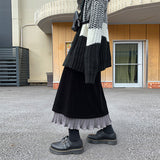 Vintage Velvet Pleated Skirts Women Black Stitching High Waist Long Retro Velour Skirt Korean Style Female Faldas