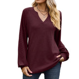 Zingj Autumn / Winter New V Collar Waffge Pure Color Long-Sleeved Loose T-Shirt Jacket Female-Outfit