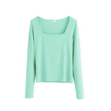 Sexy Square Collar Slim T-shirts Woman Knitwear Tops Solid Color Long Sleeve Skinny