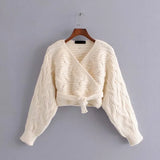 Fahion Sex Twist Woman Sweaters V Neck Lace Up Cable Knitted Sweater Vintage Winter Female Pullover Cute Tops New