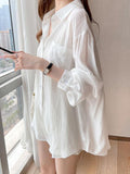 Korean Fashion Wrinkle Women Sun Proof Shirt Elegant Ice Silk Long Sleeve White Blouse Loose All Match Lazy Wind Tops