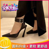 Women's 2025 Show Bao Head One-Word Water Drill Buckle Women's Shoes Fine Heel Black Silk Satin Giant Beauty Single