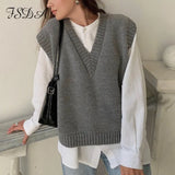 V Neck Knitted Vest Sweater Sleeveless Women Khaki Casual Pullover Black 2020 Autumn Winter Gray Jumper