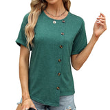 Zingj 2024 New Round Collar Button Irregular Splicing Loose T-Shirt Women-Outfit