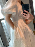 Summer Elegant Casual Midi White Dress Puff Sleeve Zipper Slim Party Vestidos Female Fashion Vintage Clothes