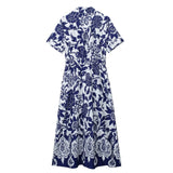 Blue Floral Shirt Dress Woman Vintage Print Long Dress Women Short Sleeve Elegant Chic Women Dresses Casual Summer
