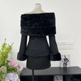 Autumn Fashion Dignified Wool Collar Shawl Shoulder Shoulder Horn Long-Sleeved Famous Blouse + Hip Half