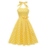 De Cocktail Vintage Dress Halter Cotton Polka Dot Print Blue Short Party Sundress 50s 60s Retro Pin Up Rockabilly