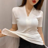 Solid Color V-neck T-shirt Women's Knitted Short-sleeved Bottoming Shirt 2022 Summer New Slim Fit Comfortable Sexy