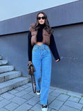 Women Fashion Brown Cropped Vest Coat Female Stand Collar Zipper Waistcoat Ladies Casual