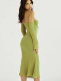 Green Mesh Strapless Lace Up Midi Dress For Women Robe Summer New Long Sleeve Zipper Backless Long Dress