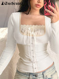 SUCHCUTE Autumn Basic Wool Fleece Women T-shirts Bow Lace Patchwork Aesthetic Slim Tops Fairycore Casual Streetwear
