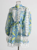 Spring 2025 Small Fashion Temperament Round Tie Collar To Collect Waist Thin Design Lantern Sleeve Short Dress