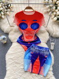 Women Fashion Print Suits O Neck Short Sleeves Slim Bodysuits+Bodycon Mini Skirt Streetwear Y2K Retro Two Pieces