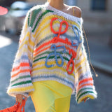 2022 Stripe Knitted Pullover Oversized O Neck Embroidery Fashion Sexy Autumn Winter Sweater Loose Women Casual