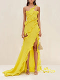 Fashion Sexy Dress 2025 Spring New Sleeveless Wood Ear Splicing Design Feel Open Dress Dress