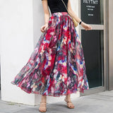 Skirts 2019 Summer Mesh Flower Print Elastic Waist Bohemian A-Line Sweet Chiffon Long Female Bottoms Ladies Casual