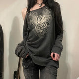 Zingj 2024 New Dark Wind Vintage Print Loose Jacket Diagonal Collar Hoodie Coat