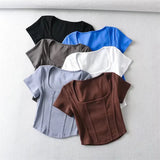 Zingj Summer New Spliced Striped Square Collar Short-Sleeved T-Shirt Women's Sexy High-Waist Collarbone Bottomed