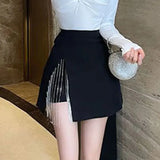 Black Side Split Rhinestone Fringe Mini Skirt- Outfit