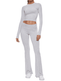 Long Sleeve Cropped Top Fold-over Flare Pants Set-Outfit